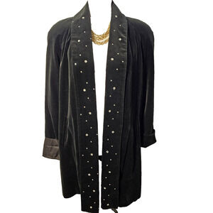 VTG Lorovi Black Velvet Rhinestone Lined Open Hang Cardigan Jacket P Holiday